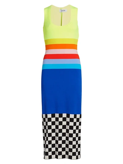 Christopher John Rogers Rainbow & Check Bodycon Midi Dress In Rainbow Multi