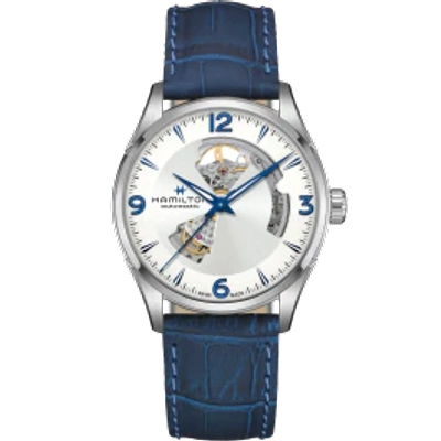 Hamilton Men's Swiss Automatic Jazzmaster Open Heart Blue Leather Strap Watch 42mm