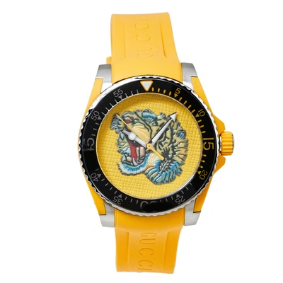 Pre-owned Gucci Yellow Stainless Steel Tiger Motif Dive Ya136317 Men's Wristwatch 40 Mm