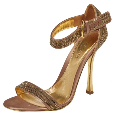 Pre-owned Sergio Rossi Gold Satin And Crystal Embellished Studded Ankle Strap Sandals Size 37