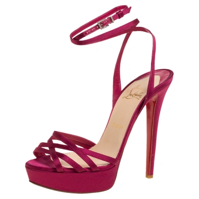 Pre-owned Christian Louboutin Pink Satin Platform Ankle Wrap Sandals Size 38