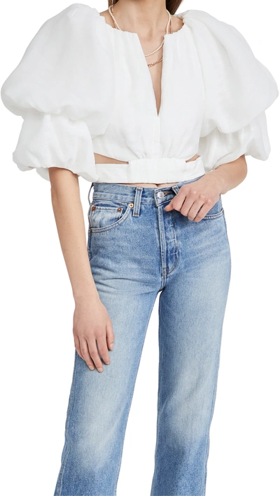 Aje Impression Puff-sleeve Linen-blend Cropped Top In White