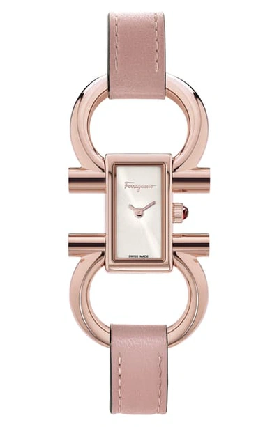 Ferragamo Double Gancini Bracelet Watch, 13.5mm X 23.5mm In Pink/ White Sunray/ Rose Gold