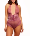 Hauty Women's Halter One Piece Plus Size Floral Dotted Mesh Teddy Lingerie With Velvet Lace Up In Maroon
