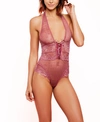 Hauty Women's Halter One Piece Plus Size Floral Dotted Mesh Teddy Lingerie With Velvet Lace Up In Maroon