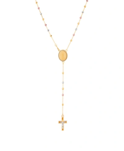 Italian Gold Polished Diamond Cut Rosary With Moonbeads In 14k Yellow, White And Rose Gold. In Tri-color