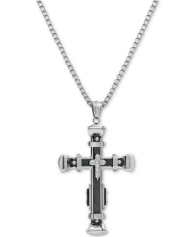 Macy's Men's Cubic Zirconia Two-tone Cross 24" Pendant Necklace In Stainless Steel & Black Ion-plate