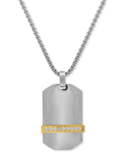 Macy's Men's Cubic Zirconia Dog Tag 24" Pendant Necklace In Stainless Steel & Yellow Ion-plate In Two-tone