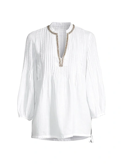 120% Lino Embellished Mandarin-collar Drawstring Bottom Poet Shirt In White