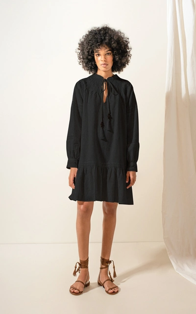 Andres Otalora Colibri Tassel-detail Linen Mini Dress In Black