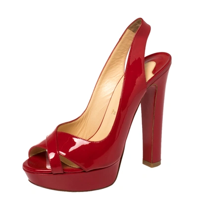 Pre-owned Christian Louboutin Red Patent Leather Marpoil Peep Toe Platform Slingback Sandals Size 38.5