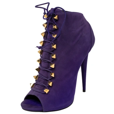 Pre-owned Giuseppe Zanotti Purple Suede Studded Pyramid Peep Toe Boots Size 41