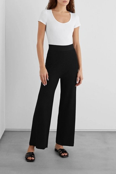 Iris & Ink Cordelia Ribbed Wool-blend Wide-leg Pants In Black
