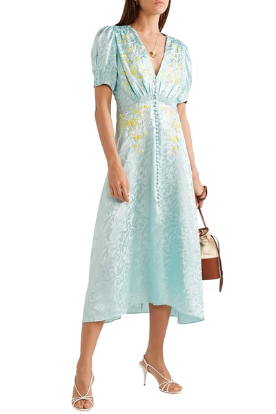 Saloni Lea Shirred Embroidered Silk-satin Jacquard Midi Dress In Mint