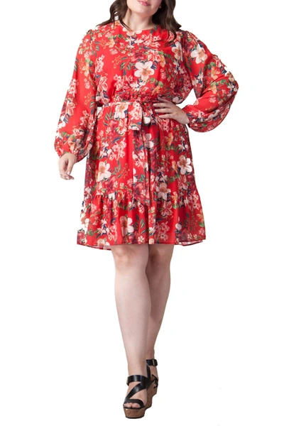 A.calin Floral Balloon Sleeve Dress In Red