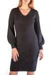 Nina Leonard V-neck Balloon Sleeve Sweater Dress In Black