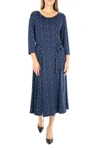 Nina Leonard Crew Neck 3/4 Length Sleeve Midi Dress In Navy Multi