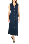 Nina Leonard Button Front Midi Shirt Dress In Navy