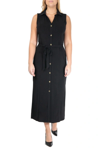 Nina Leonard Button Front Midi Shirt Dress In Black