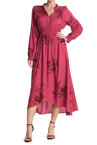Nostalgia Apparel Floral Long Sleeve Smocked Waist Maxi Dress In Burgandy