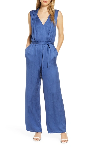 Adelyn Rae Casey Belted Wide Leg Jumpsuit In Steel Blue