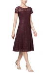 Slny Tea Length Sequin Lace Dress In Fig