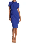 Maggy London Tie Neck Puff Sleeve Scuba Crepe Dress In B. Cobalt