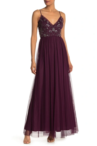Jump Embellished Bead & Sequin Tulle Gown In Burgandy