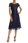 Slny Tea Length Sequin Lace Dress In Navy