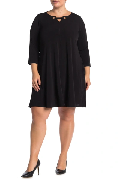 Nina Leonard Three-quarter Sleeve Trapeze Dress In Black/gold