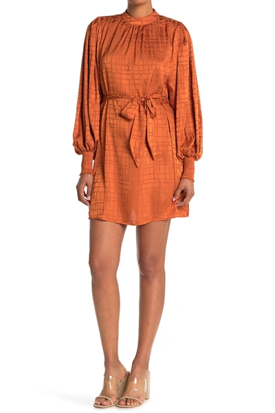 A.calin Textured Satin Long Sleeve Mini Dress In Rust