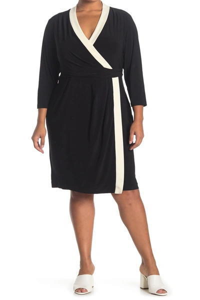 Anne Klein Plus Size Colorblocked Faux-wrap Dress In Anne Blk/anne Wht