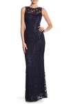 Marina Sequin Illusion Lace Trumpet Gown In Nvy