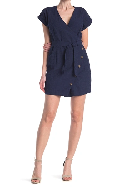 Adelyn Rae Linen Blend Button Front Dress In Navy
