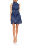 Alexia Admor Avery Plaid Mock Neck Fit & Flare Dress In Blue/gold