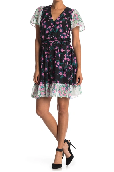 Betsey Johnson Mixed Floral Print V-neck Mini Dress In Blkmulti