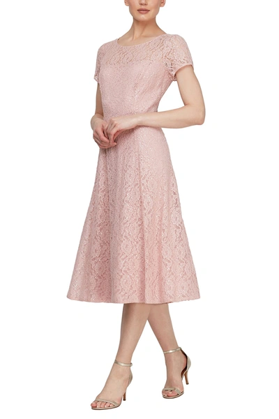 Slny Tea Length Sequin Lace Dress In Faded Rose