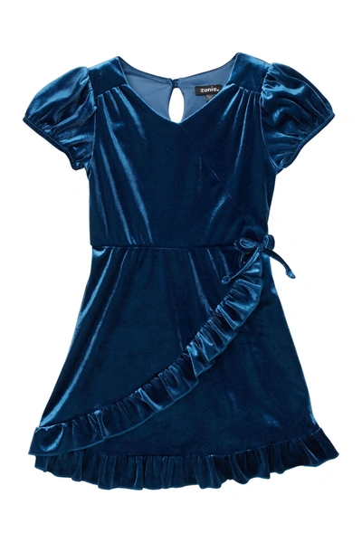 Zunie Kids' Puffer Sleeve Velvet Dress In Blue Teal