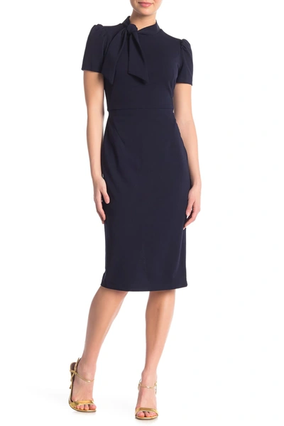 Maggy London Tie Neck Puff Sleeve Scuba Crepe Dress In Navy