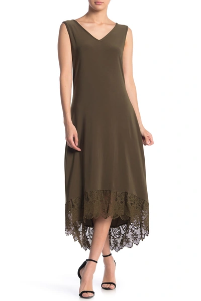 Nina Leonard V-neck Sleeveless Lace Hem High/low Dress In Dark Olive