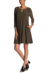 Nina Leonard Hardware Neck Long Sleeve Dress In Dark Olive/gold