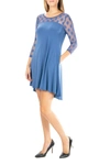 Nina Leonard Polka Dot Illusion 3/4 Sleeve Swing Dress In Blue Moon