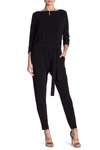 Nina Leonard Three-quarter Length Sleeve Waist Tie Jumpsuit In Black