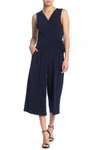 Nina Leonard Surplice Wrap Cropped Jumpsuit In Navy