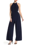 Nina Leonard Twist Halter Ity Knit Jumpsuit In Navy