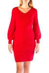 Nina Leonard V-neck Balloon Sleeve Sweater Dress In Red