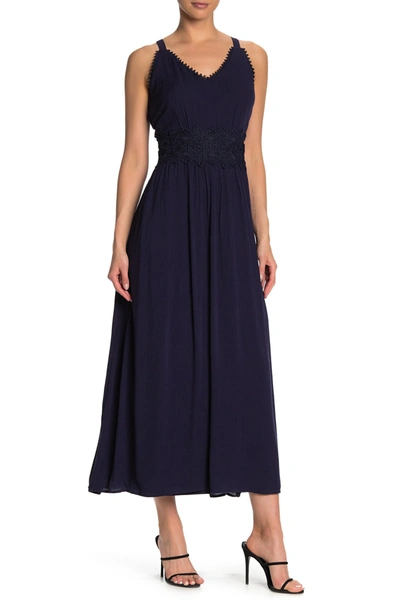 Nina Leonard Sleeveless Lace Trim Maxi Dress In Navy