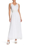 Nina Leonard Sleeveless Lace Trim Maxi Dress In White