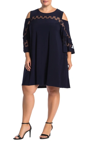 Nina Leonard Jewel Neck Cold Shoulder Three-quarter Sleeve Dress In Navy