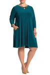 Nina Leonard Three-quarter Sleeve Trapeze Dress In Radiant Teal/gold